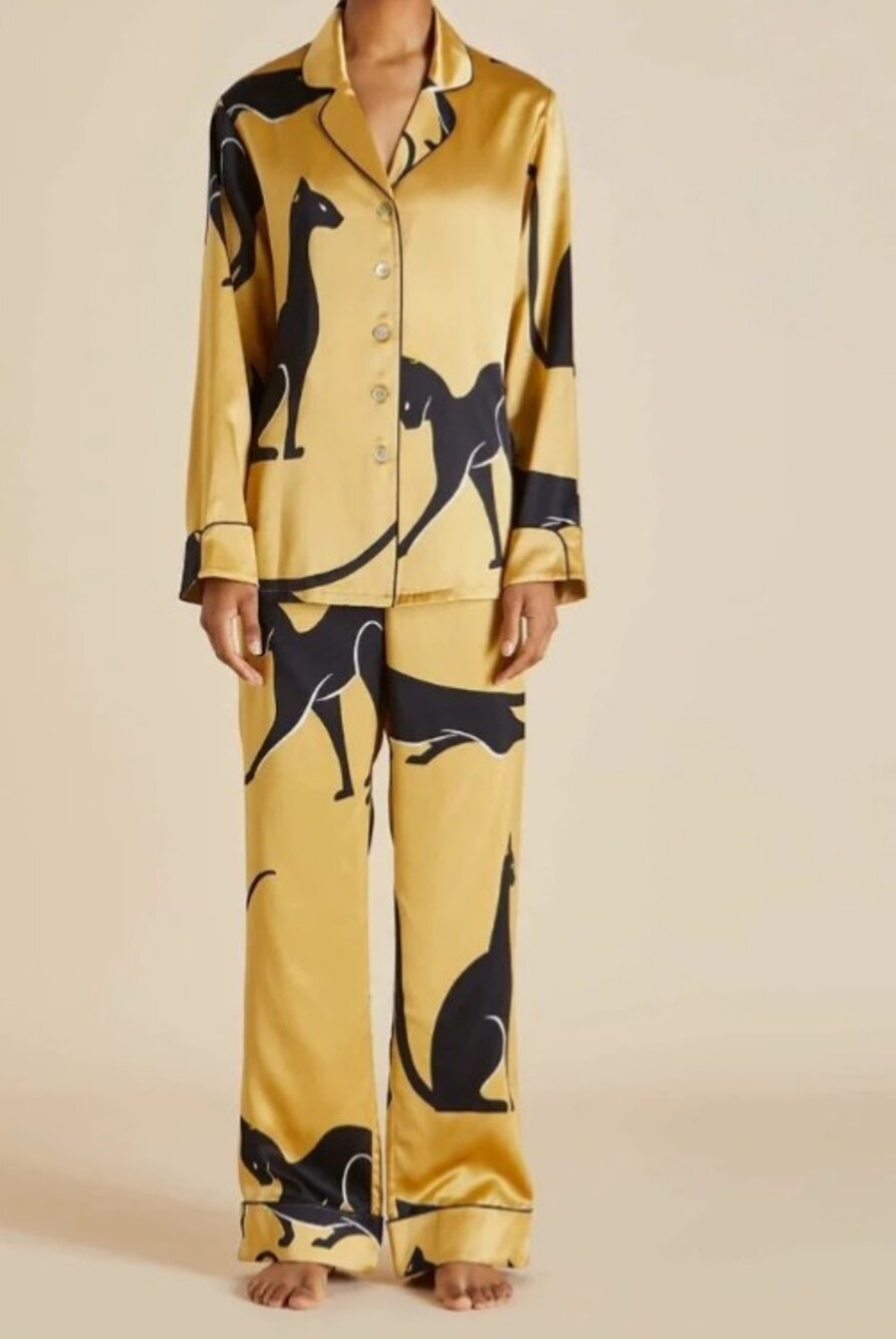 DALIA MACPHEE Satin Sphinx Pajama 2PC Set Gold/Black Size: XL NWT